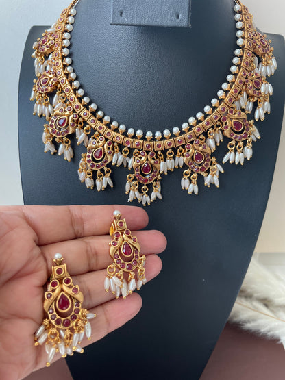 Kemp Stone & Pearl Necklace Set: Gold Plated South Indian Jewelry