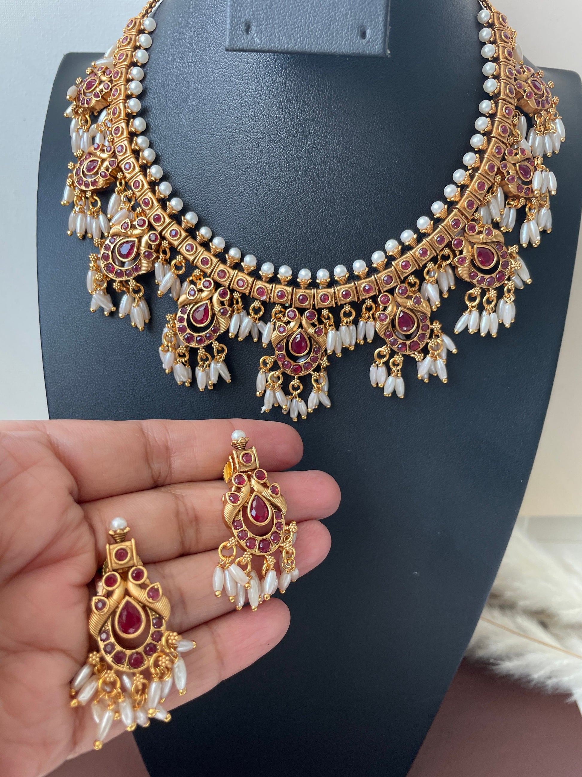 Kemp Stone & Pearl Necklace Set: Gold Plated South Indian Jewelry