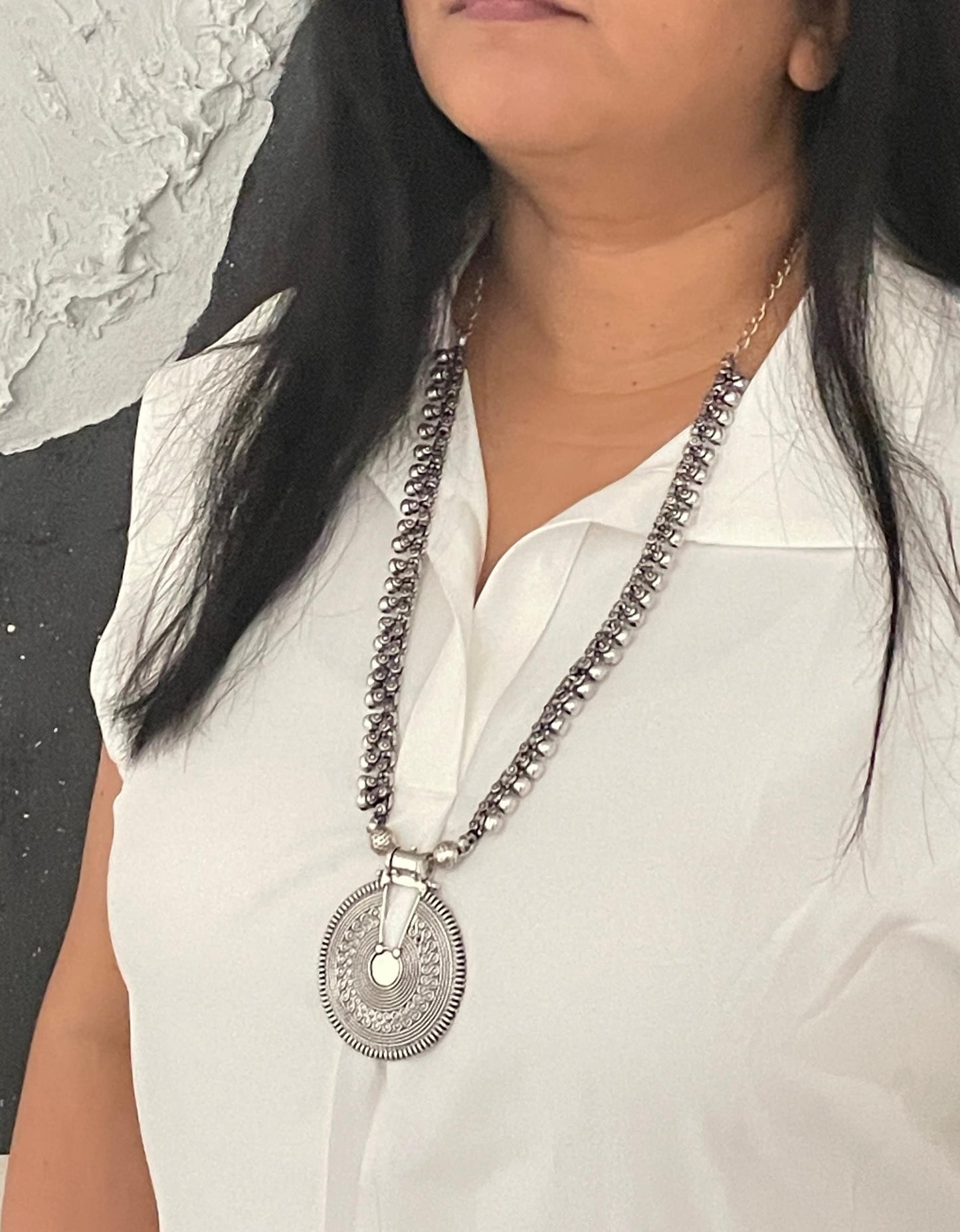 Oxidized Silver Long Necklace: Indian Navratri Jewelry