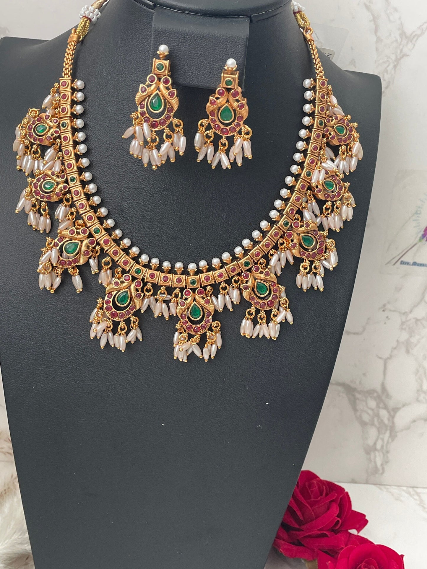 Kemp Stone & Pearl Necklace Set: Gold Plated South Indian Jewelry