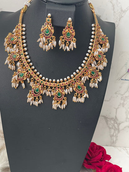Kemp Stone & Pearl Necklace Set: Gold Plated South Indian Jewelry