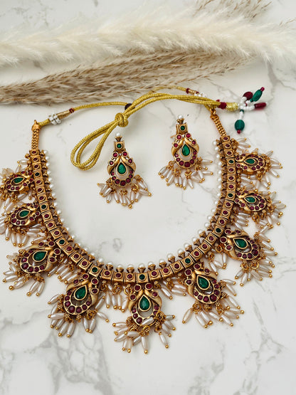 Kemp Stone & Pearl Necklace Set: Gold Plated South Indian Jewelry