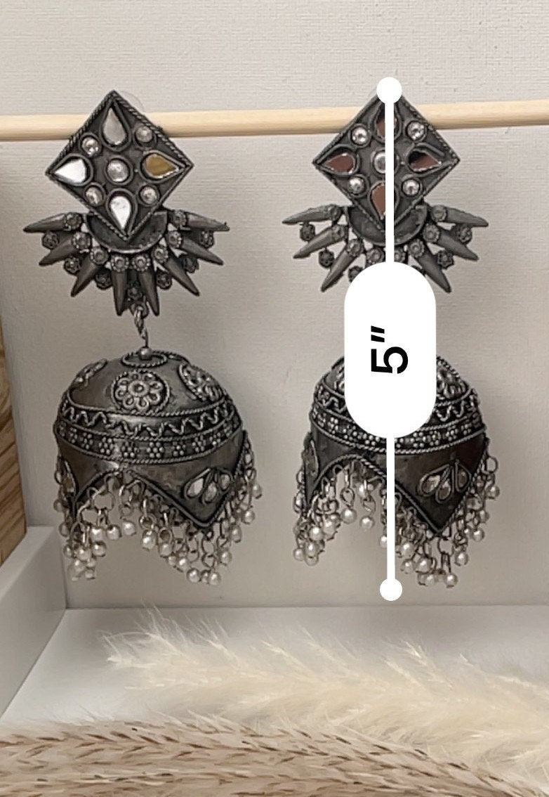 5 inch long oversized Oxidised Jhumkas.