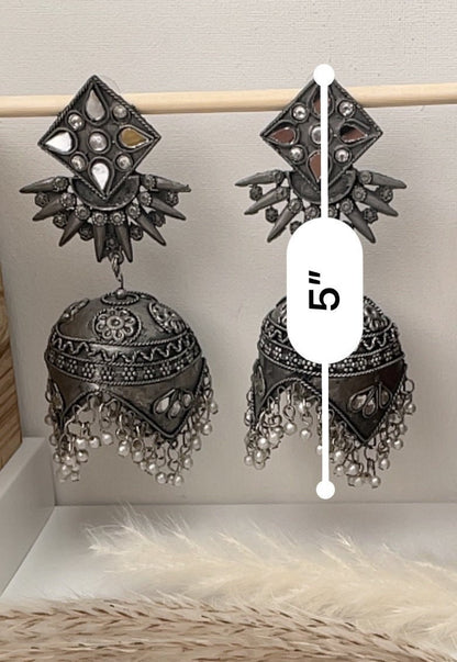 5 inch long oversized Oxidised Jhumkas.