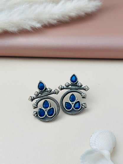 Oxidized Stud Earrings: Blue or Black Stone Ethnic Style