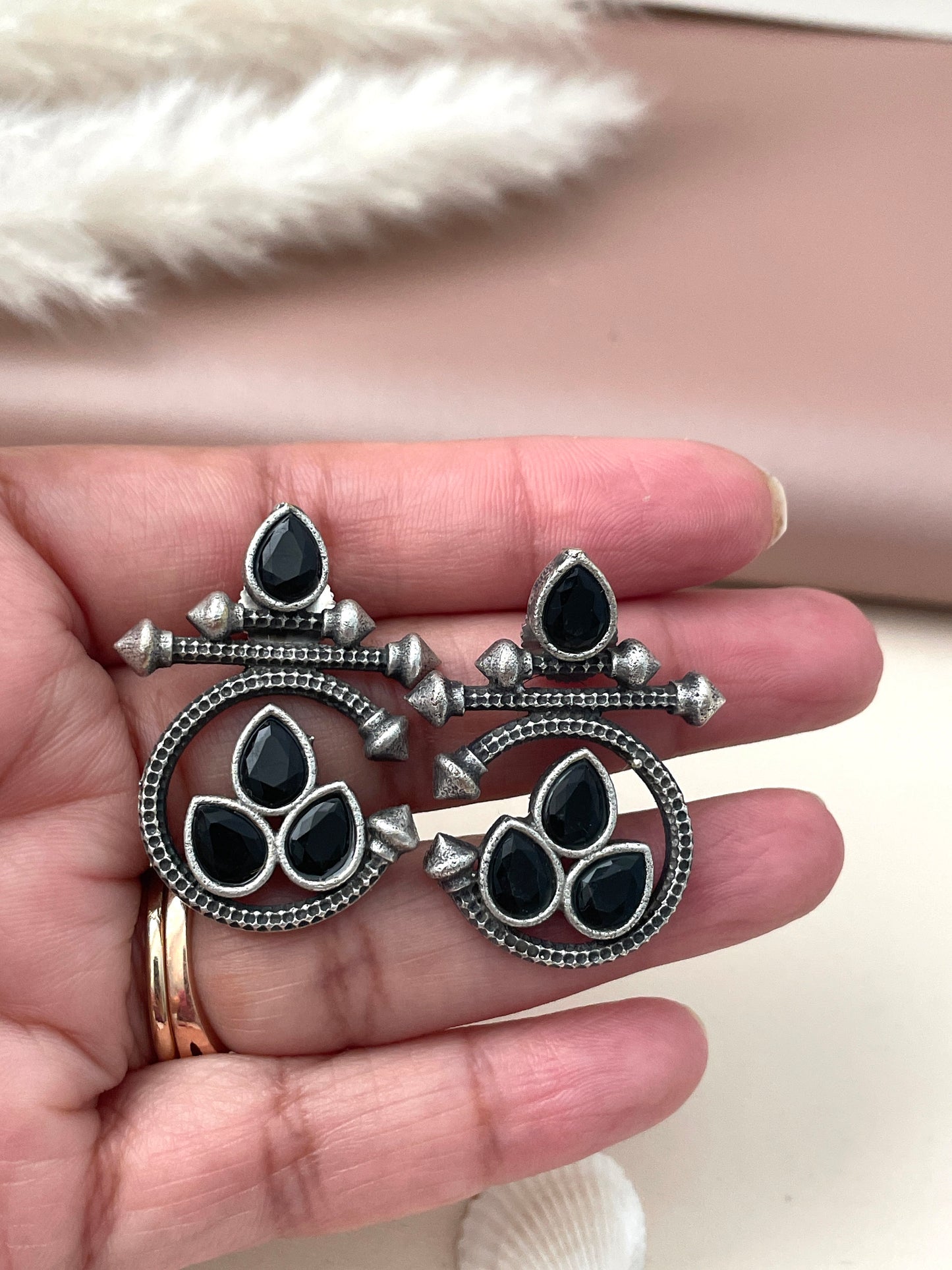 Oxidized Stud Earrings: Blue or Black Stone Ethnic Style