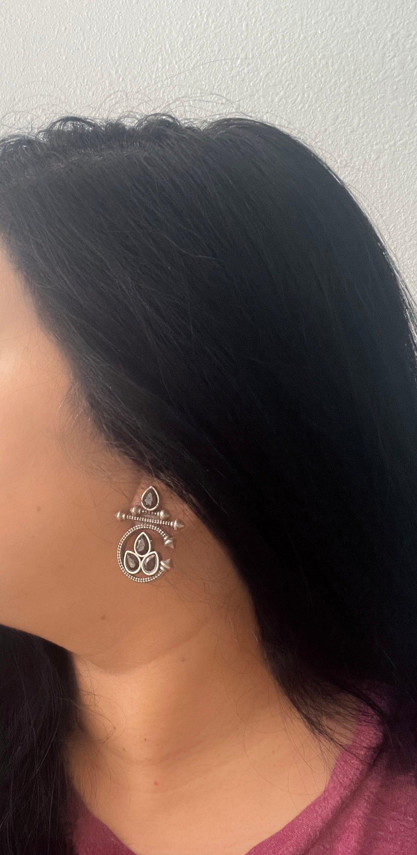 Oxidized Stud Earrings: Blue or Black Stone Ethnic Style