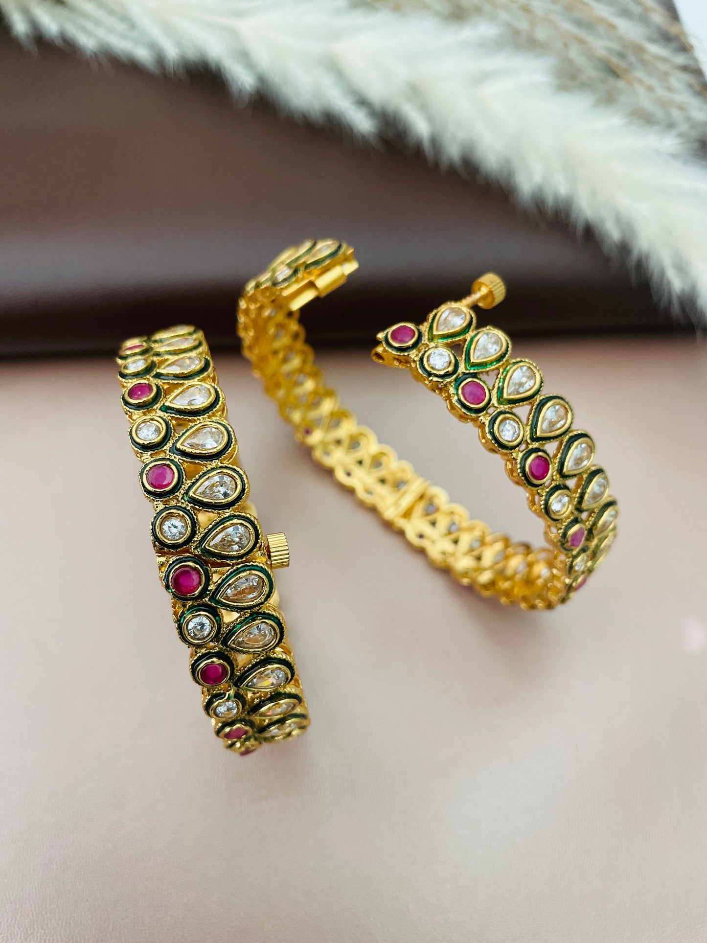 Antique Gold Plated Bangles: Ruby & White Stone, North Indian Jewelry