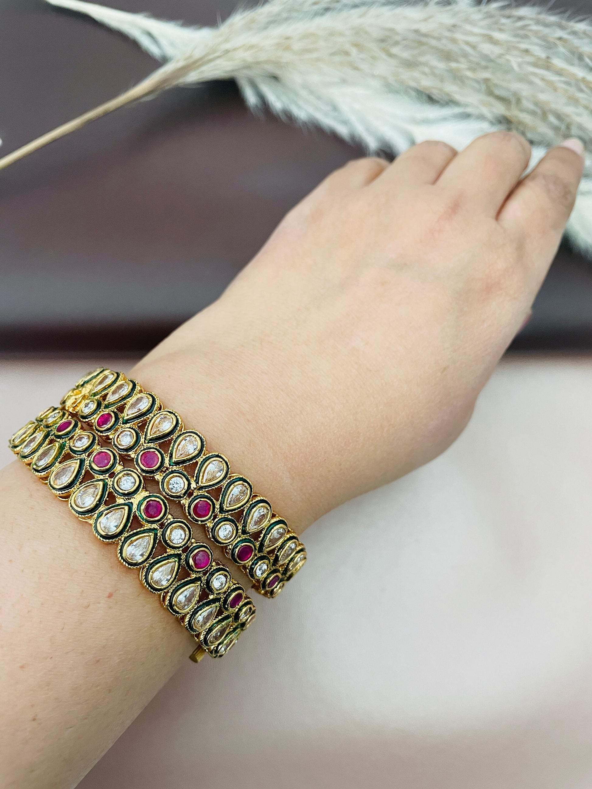 Antique Gold Plated Bangles: Ruby & White Stone, North Indian Jewelry