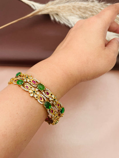 Yellow Gold Plated Bangles: AD Ruby & Green Stone, North Indian Style
