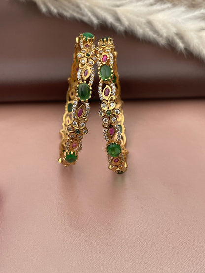 Yellow Gold Plated Bangles: AD Ruby & Green Stone, North Indian Style