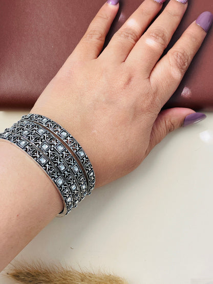 Oxidized Indian Bangle Set with Rhinestone Detail (Set of 4)