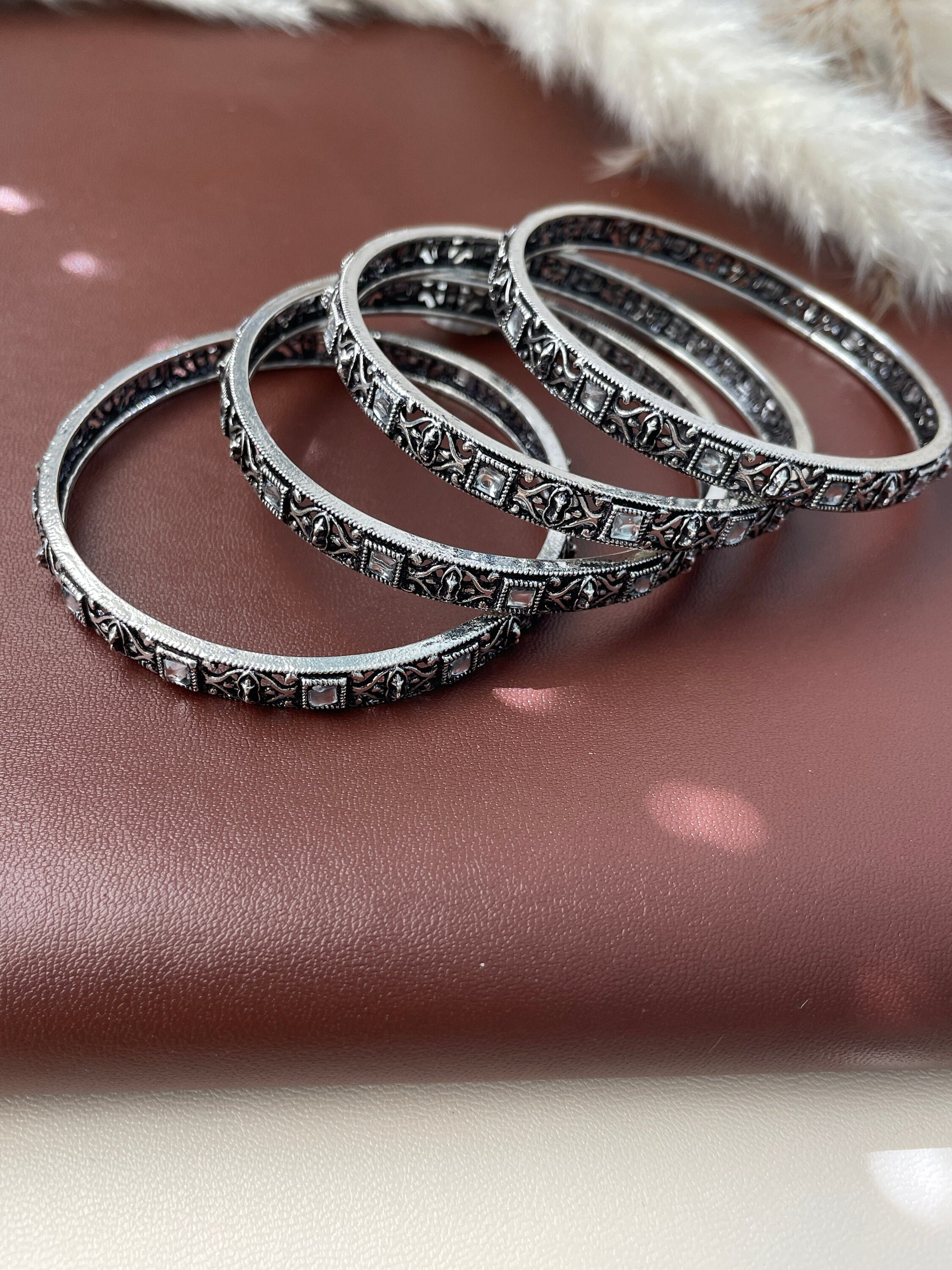 Oxidized Indian Bangle Set with Rhinestone Detail (Set of 4)