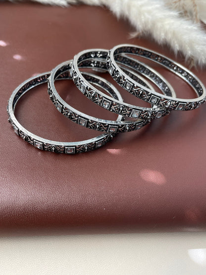 Oxidized Indian Bangle Set with Rhinestone Detail (Set of 4)