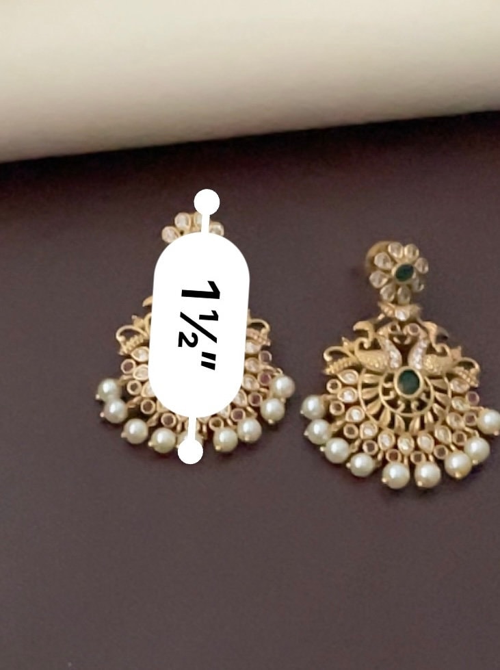 Gold Plated Kemp Stone Peacock Earrings: Indian Temple Jewelry