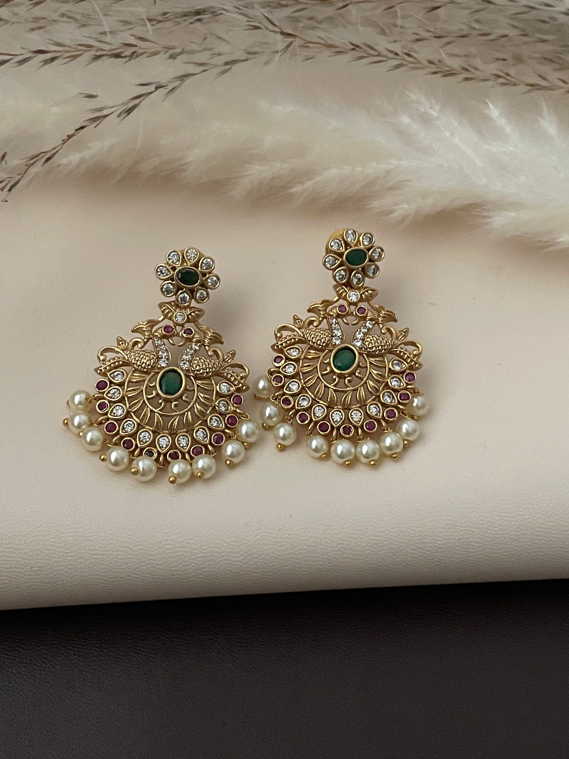 Gold Plated Kemp Stone Peacock Earrings: Indian Temple Jewelry