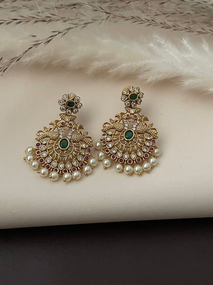 Gold Plated Kemp Stone Peacock Earrings: Indian Temple Jewelry