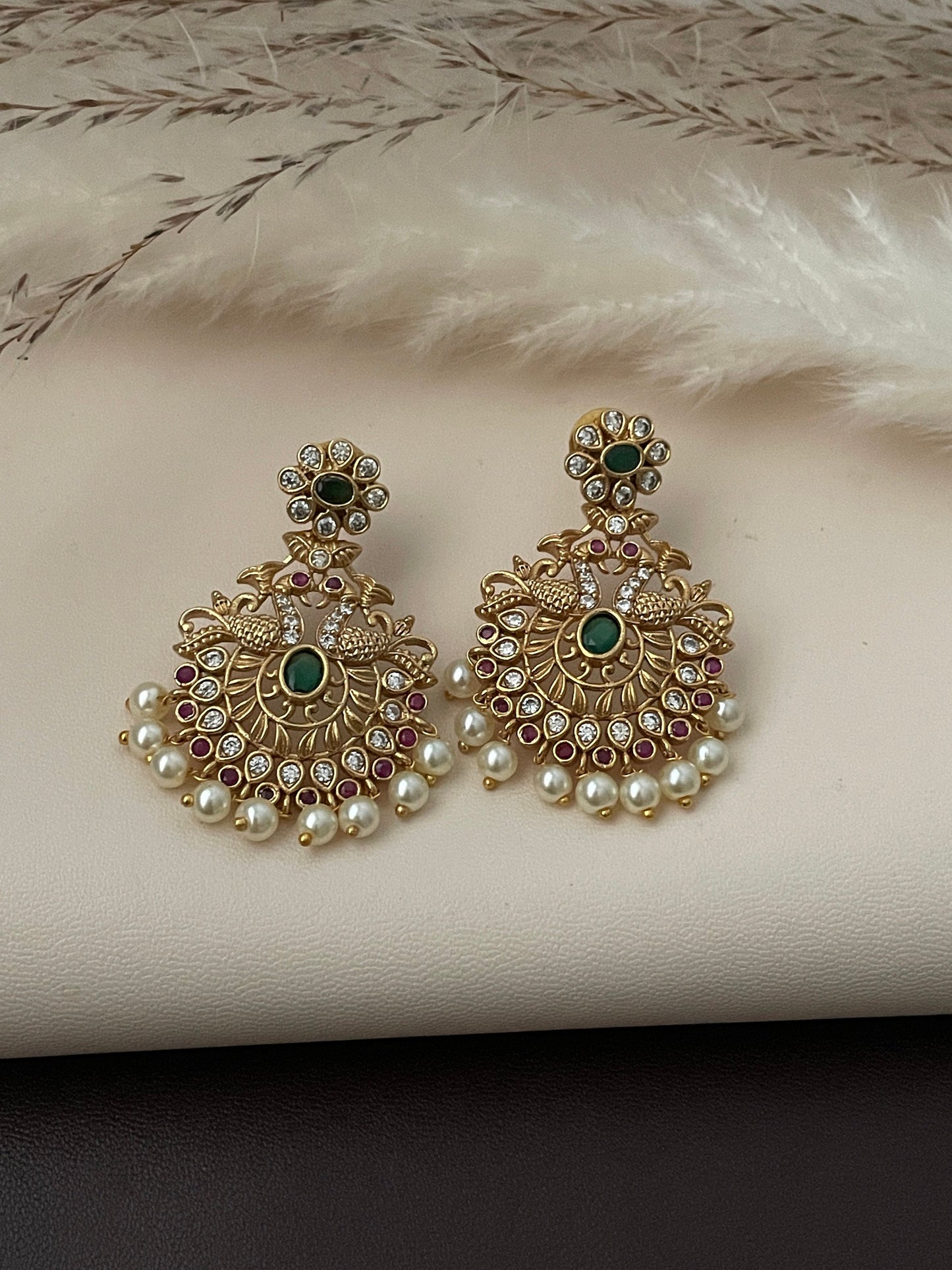 Gold Plated Kemp Stone Peacock Earrings: Indian Temple Jewelry