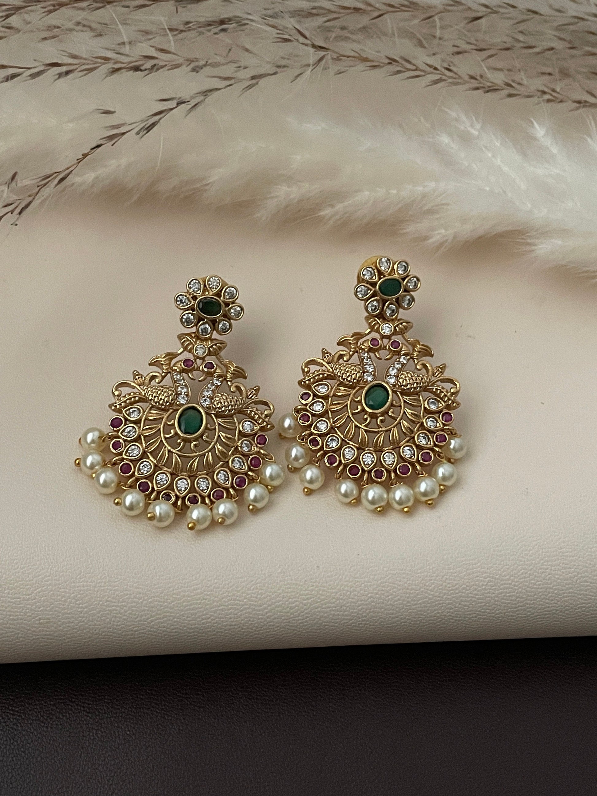 Gold Plated Kemp Stone Peacock Earrings: Indian Temple Jewelry