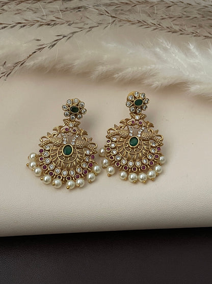 Gold Plated Kemp Stone Peacock Earrings: Indian Temple Jewelry