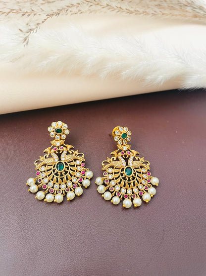 Gold Plated Kemp Stone Peacock Earrings: Indian Temple Jewelry