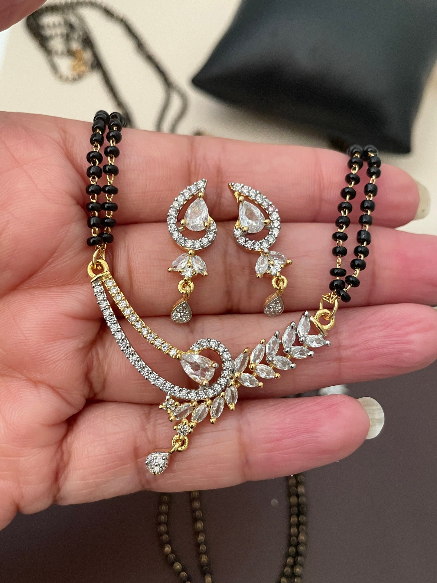 American Diamond Mangalsutra with Earrings: Gold Plated Dual Tone Necklace