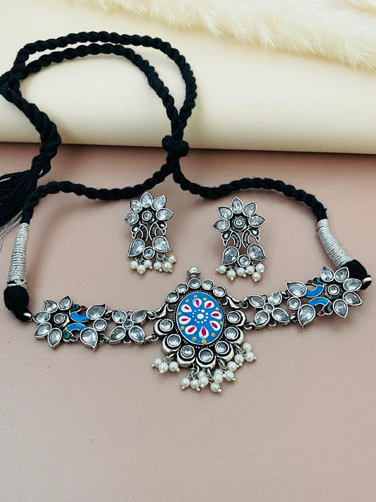 Oxidized Hand-Painted Choker Set: Colorful Stone Necklace