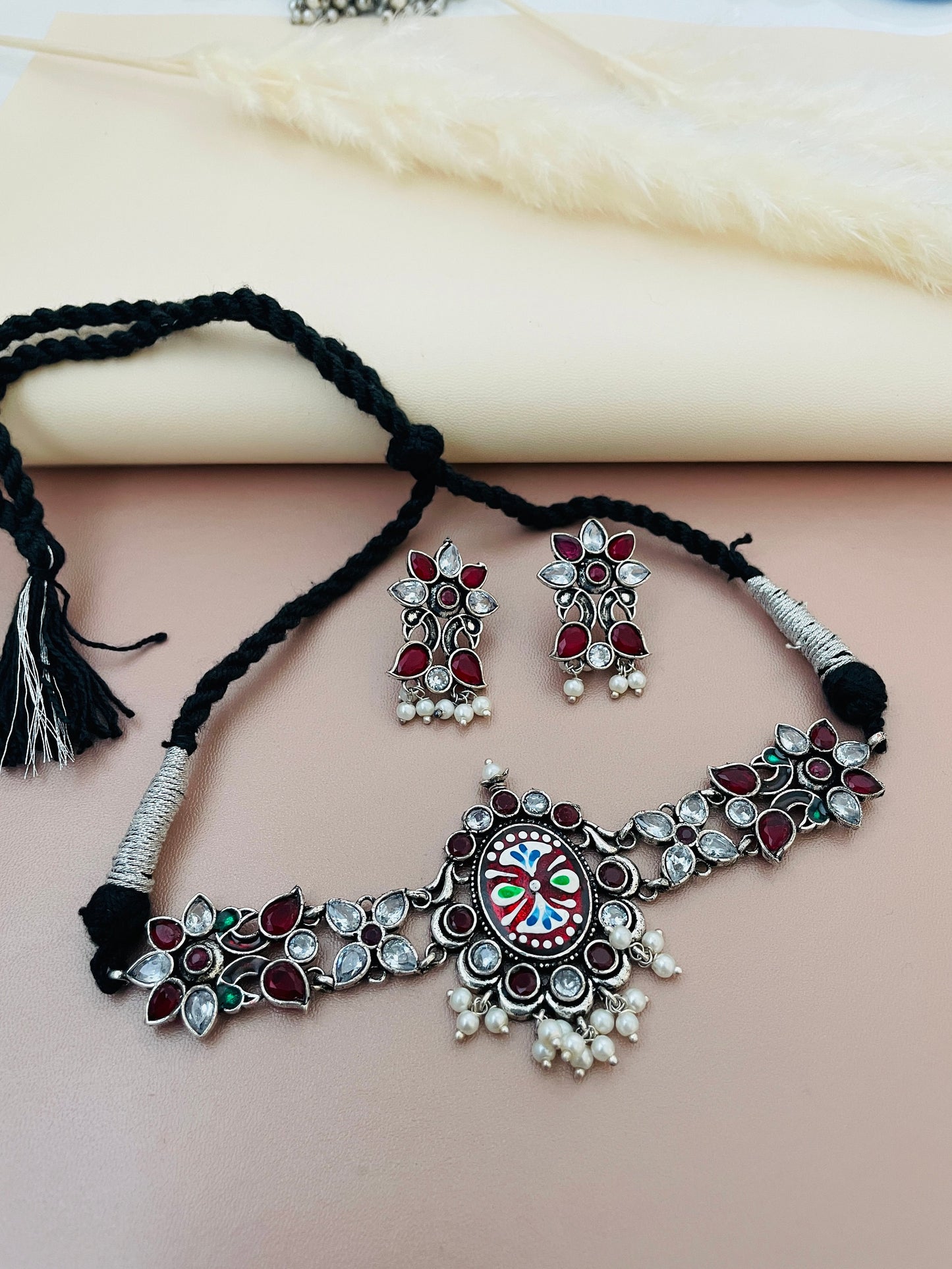 Oxidized Hand-Painted Choker Set: Colorful Stone Necklace