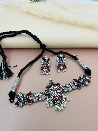 Oxidized Hand-Painted Choker Set: Colorful Stone Necklace