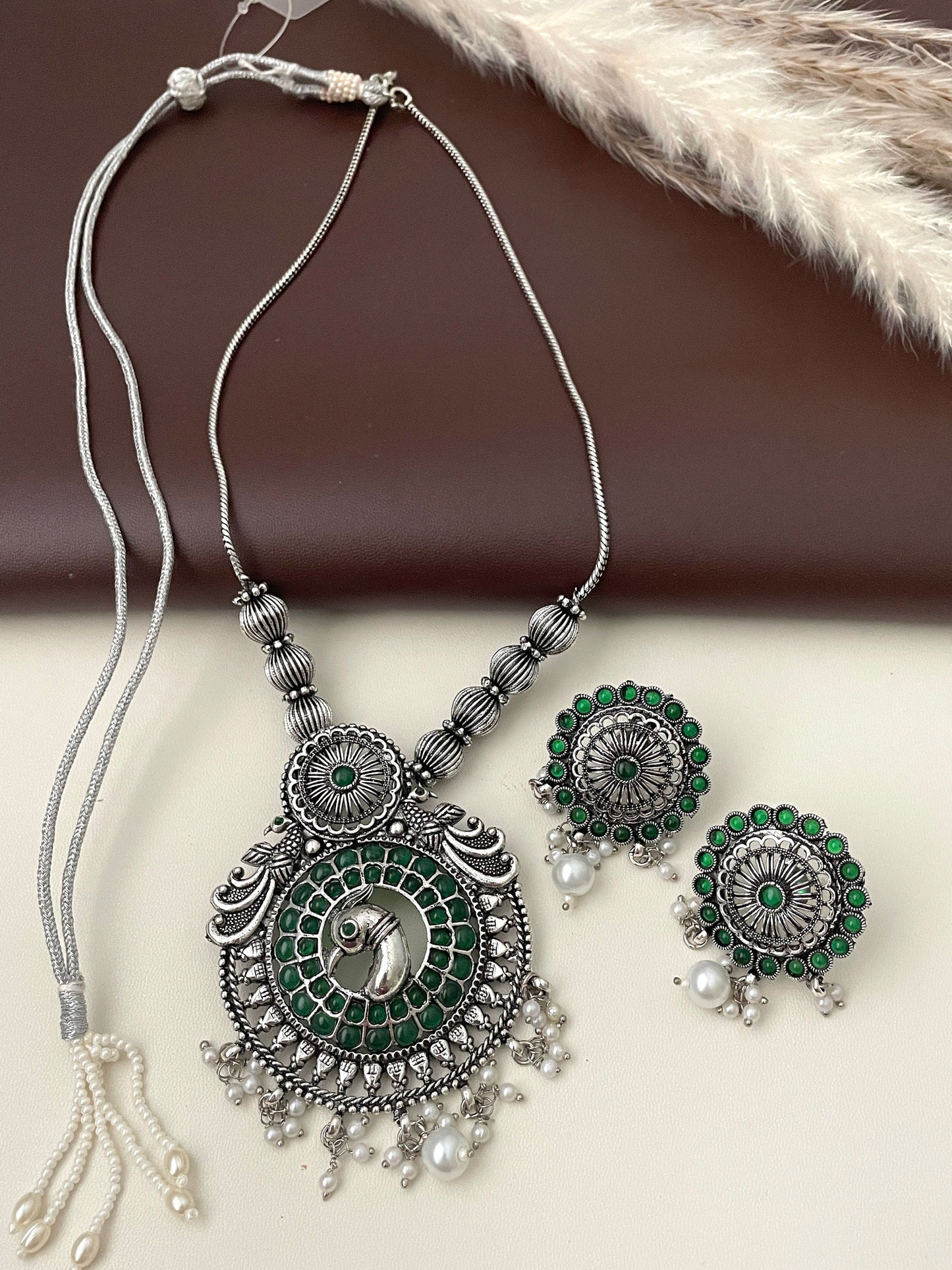 Oxidized Peacock Necklace Set: Kemp Stone Temple Jewelry