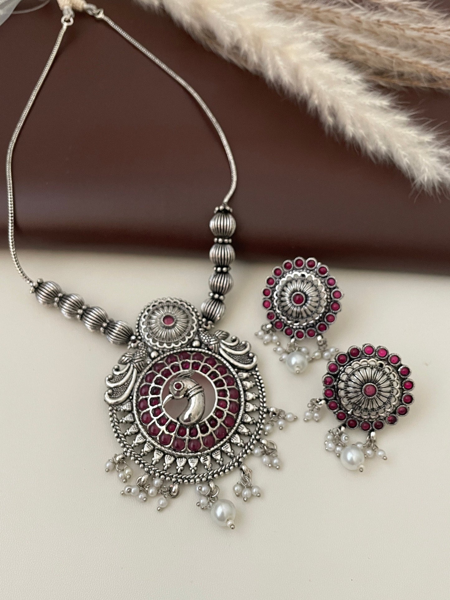 Peacock Ruby and green kemp stone Oxidised long necklace set with earrings