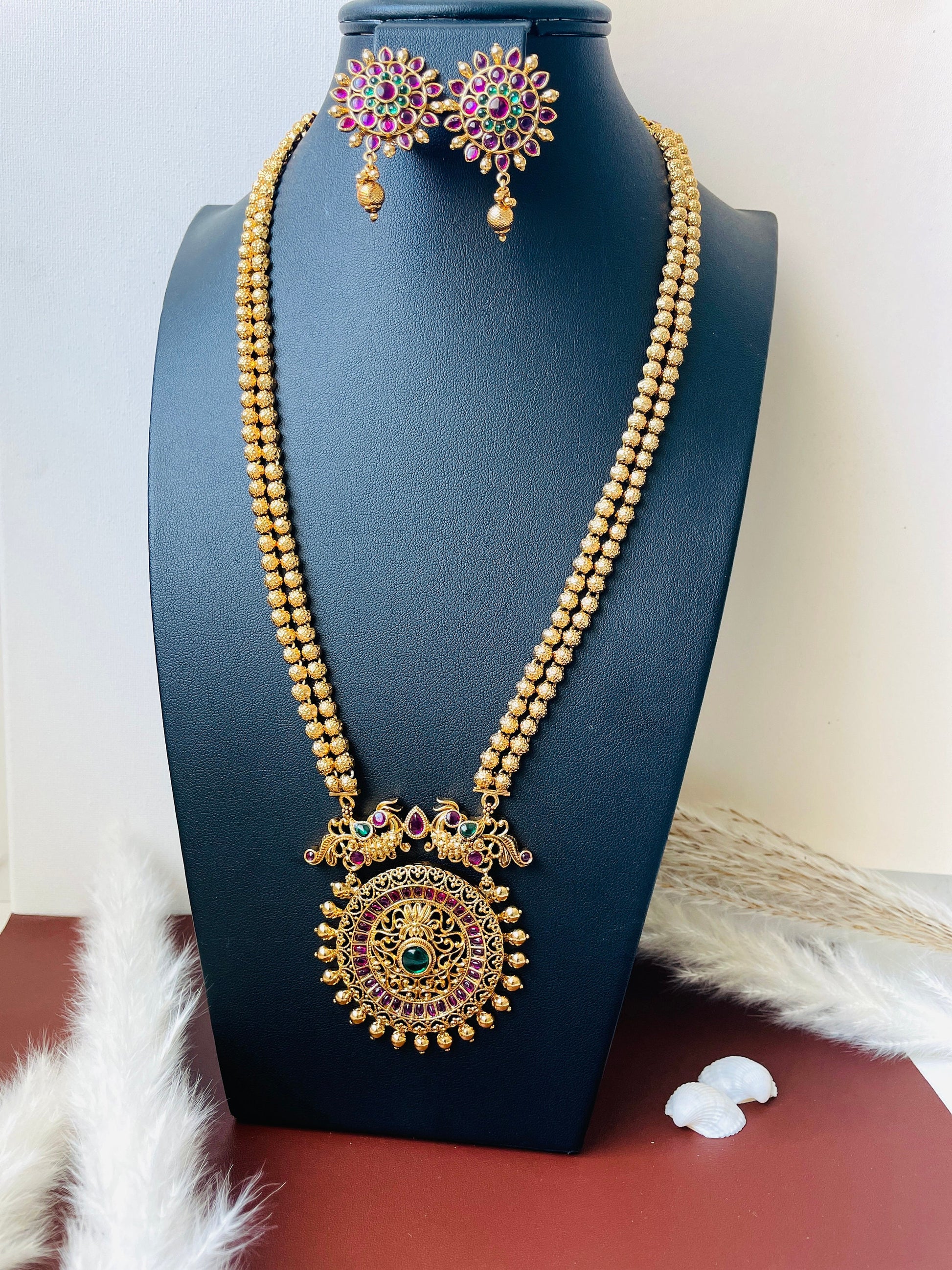 Kemp Stone & Pearl Necklace Set: Gold Plated South Indian Jewelry