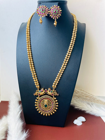Kemp Stone & Pearl Necklace Set: Gold Plated South Indian Jewelry
