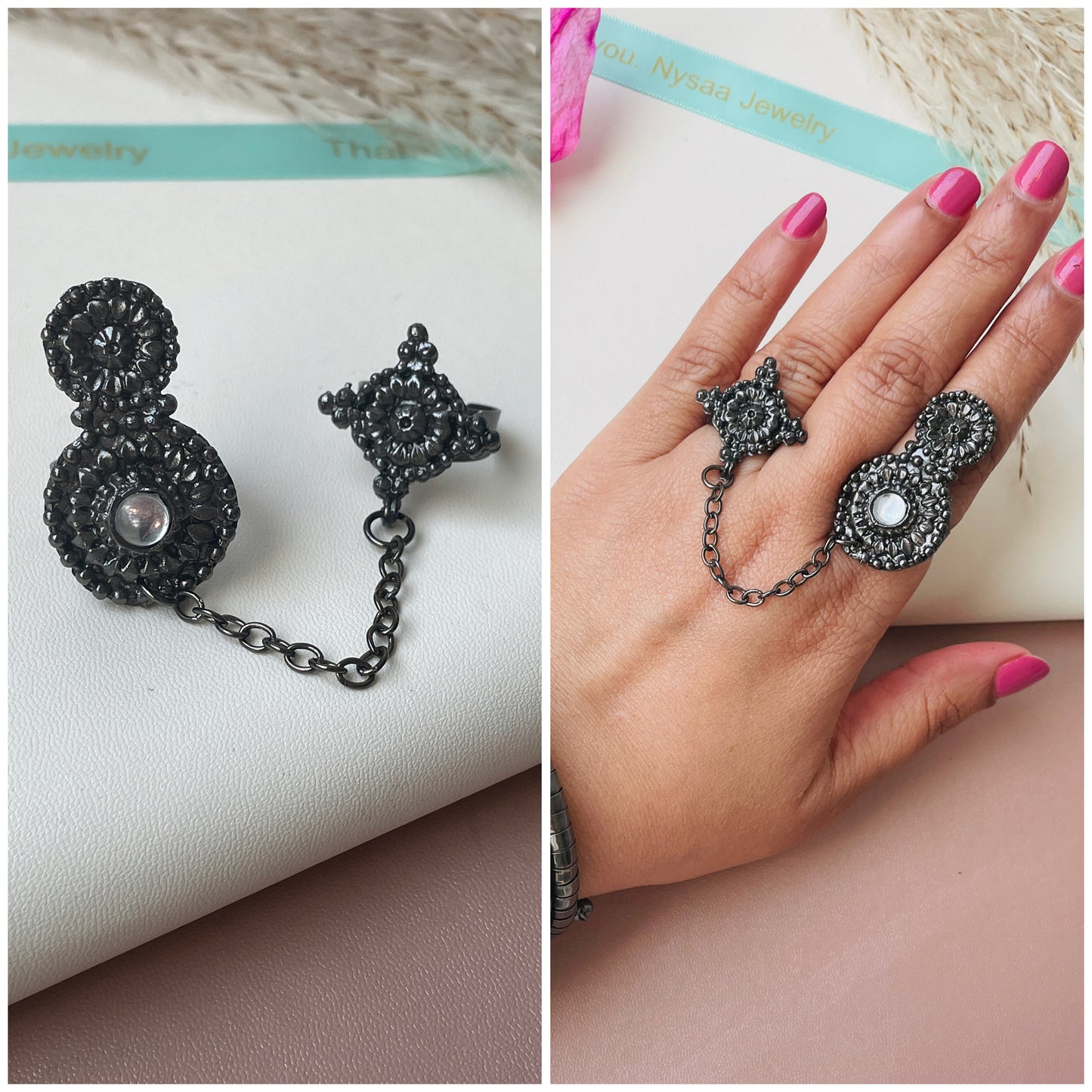 Black Oxidised connecting ring for two fingers. Trendy black Oxidised ring