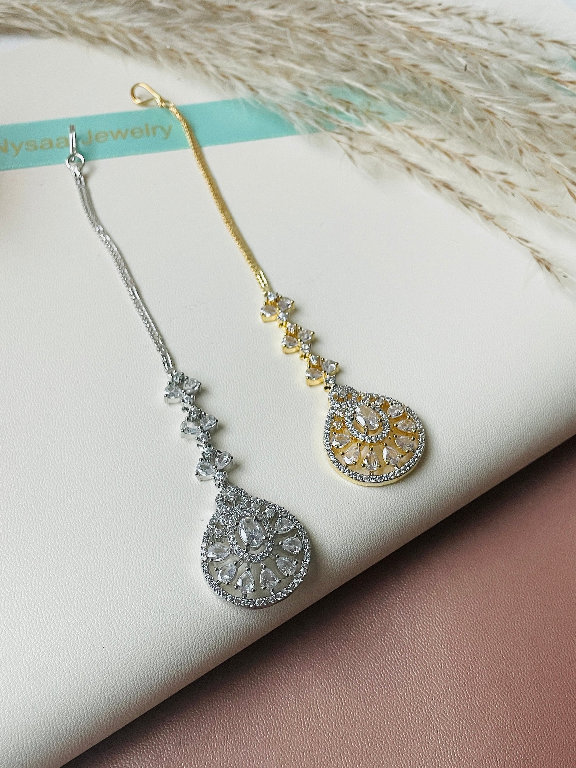 CZ Maang Tikka: Gold or Rhodium Plated Indian Headpiece