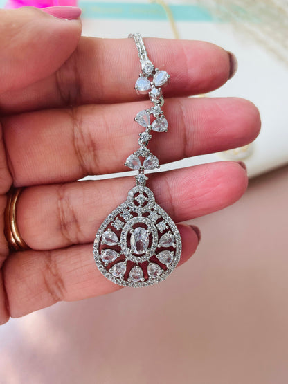 CZ Maang Tikka: Gold or Rhodium Plated Indian Headpiece