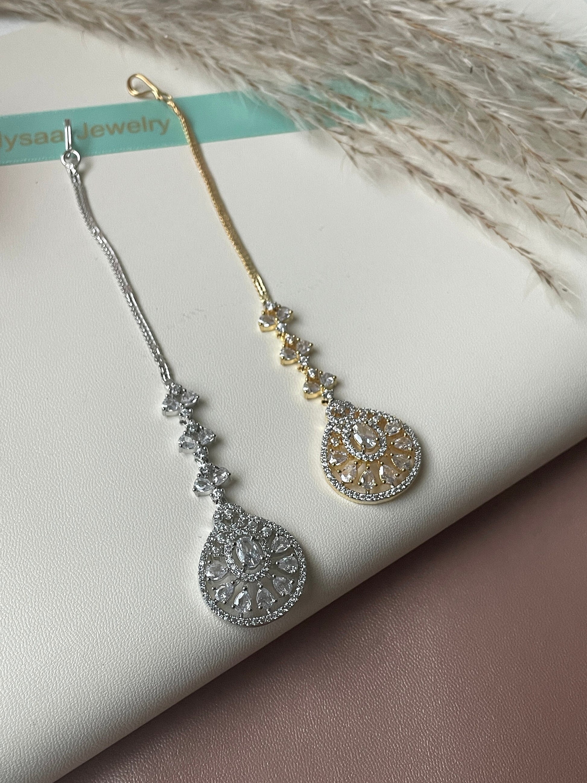 CZ Maang Tikka: Gold or Rhodium Plated Indian Headpiece