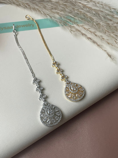 CZ Maang Tikka: Gold or Rhodium Plated Indian Headpiece