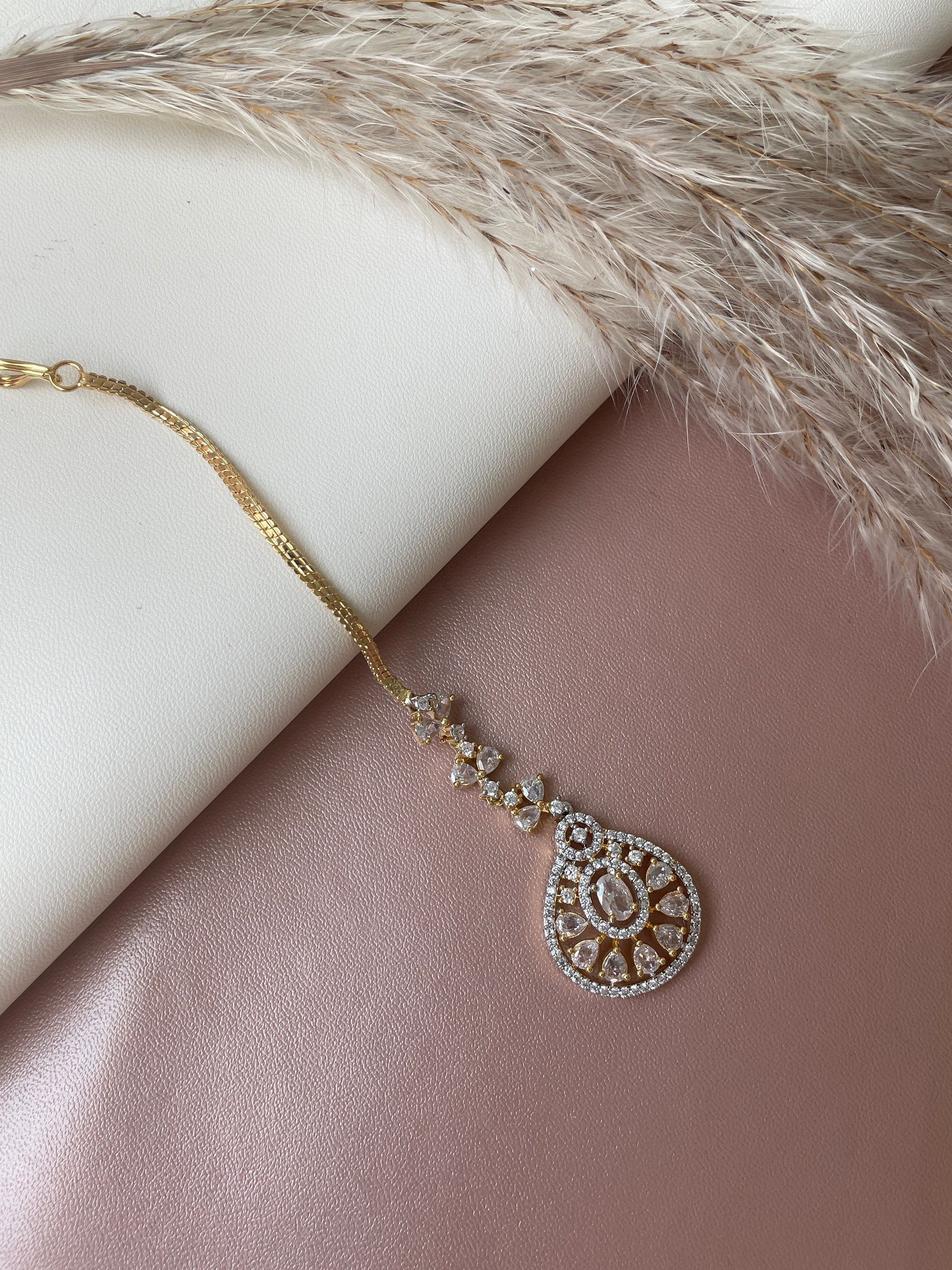 CZ Maang Tikka: Gold or Rhodium Plated Indian Headpiece