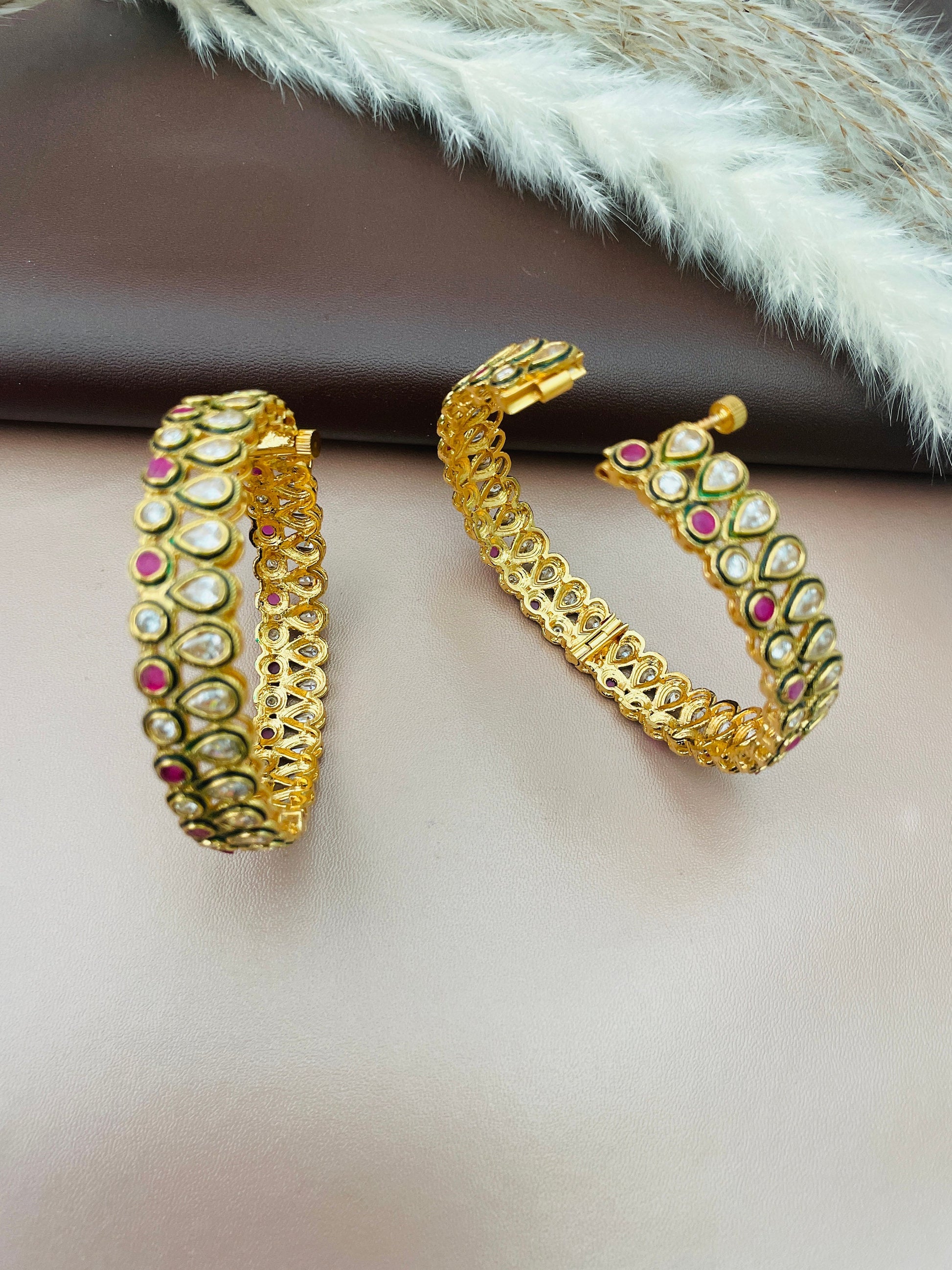 Antique Gold Plated Bangles: Ruby & White Stone, North Indian Jewelry