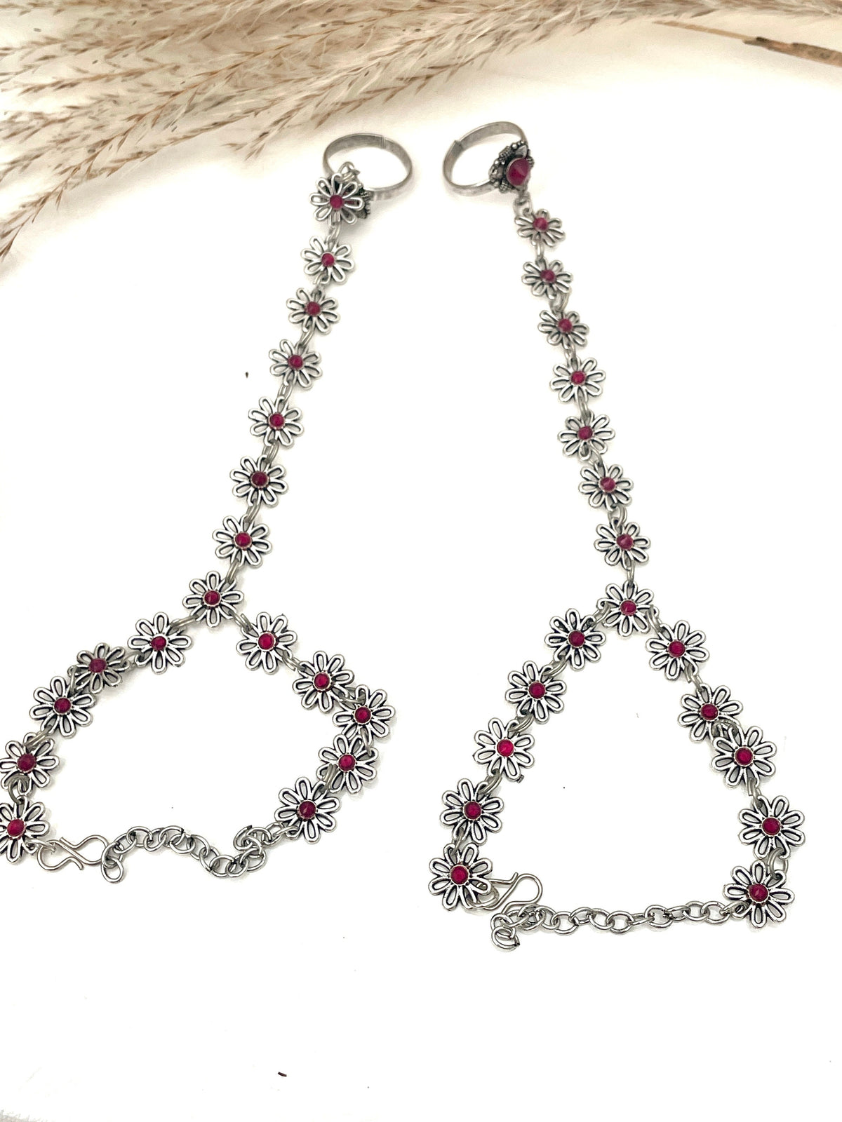 Delicate Oxidised haath panja/ ring bracelets. With very lightweight red flowers and adjustable ring