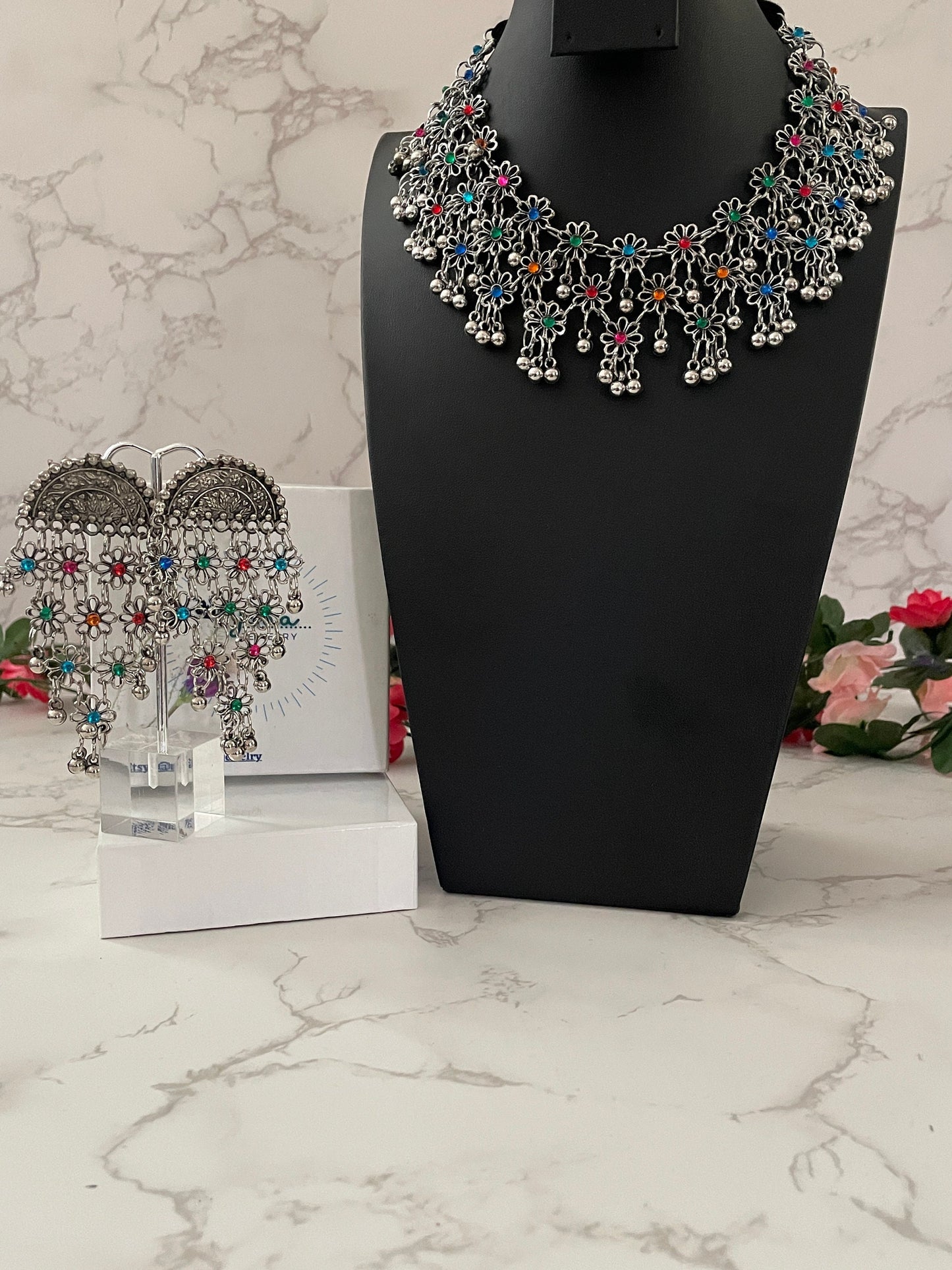 Oxidised very lightweight multicolor floral necklace with matching earrings