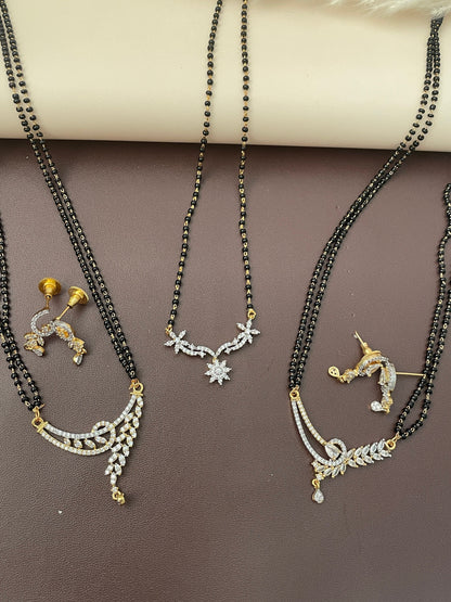 American Diamond gold plated black beads mangalsutra with matching AD earrings