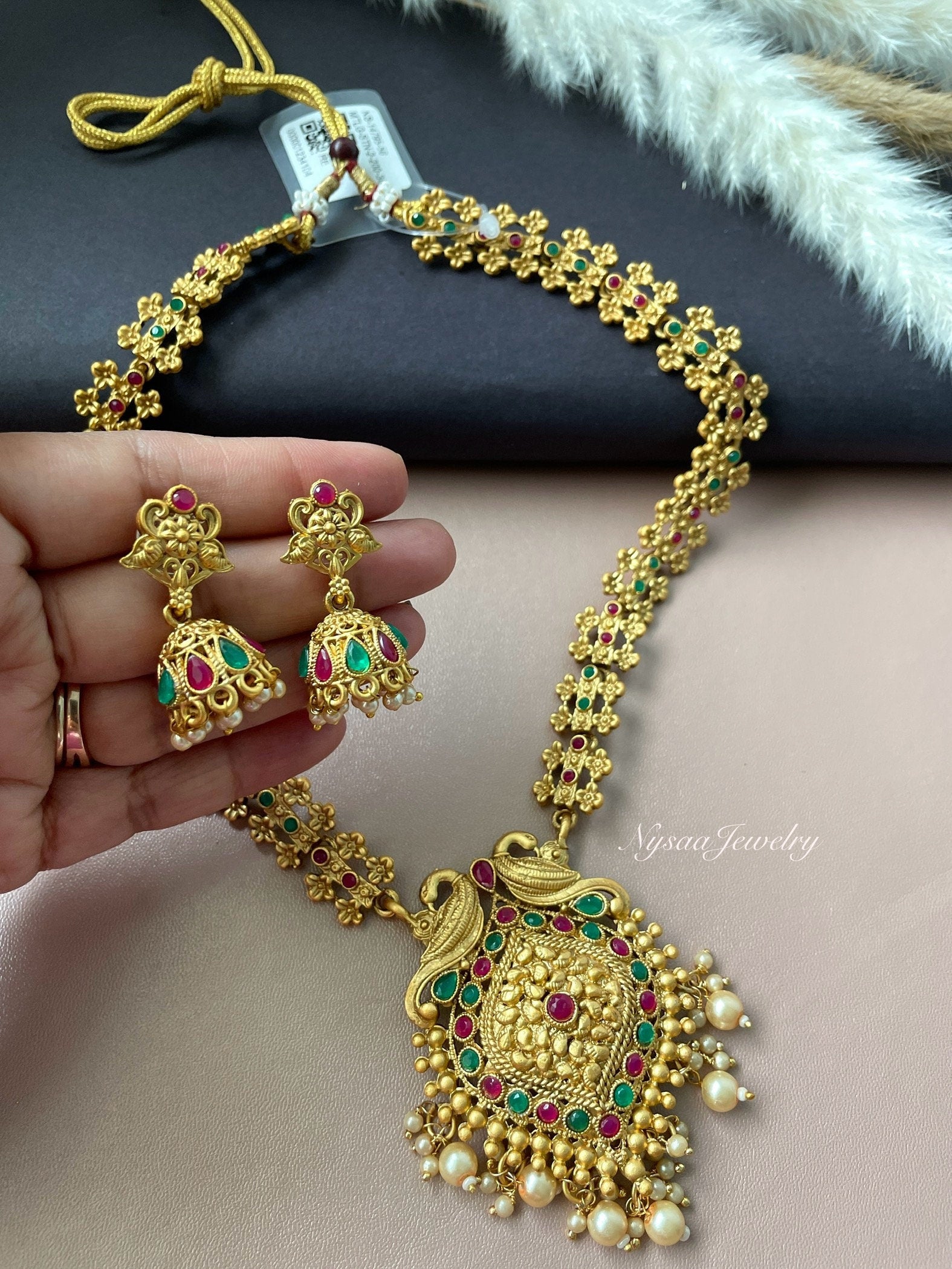 Green Ruby stone gold plated necklace. Bharatnatyam necklace