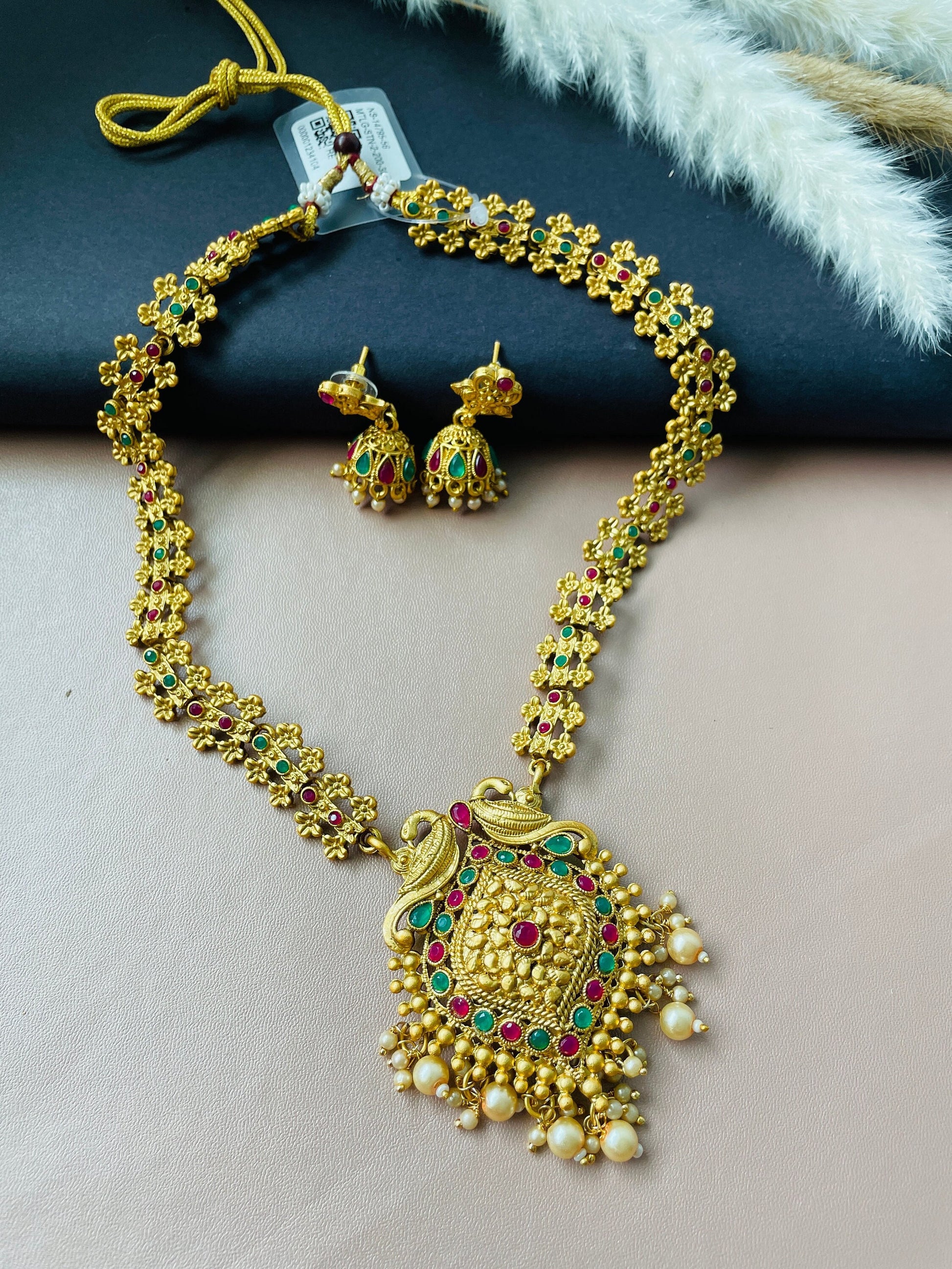 Green n Ruby stone South Indian temple necklace set . Bharatnatyam necklace