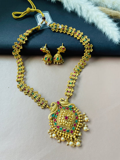 Green n Ruby stone South Indian temple necklace set . Bharatnatyam necklace