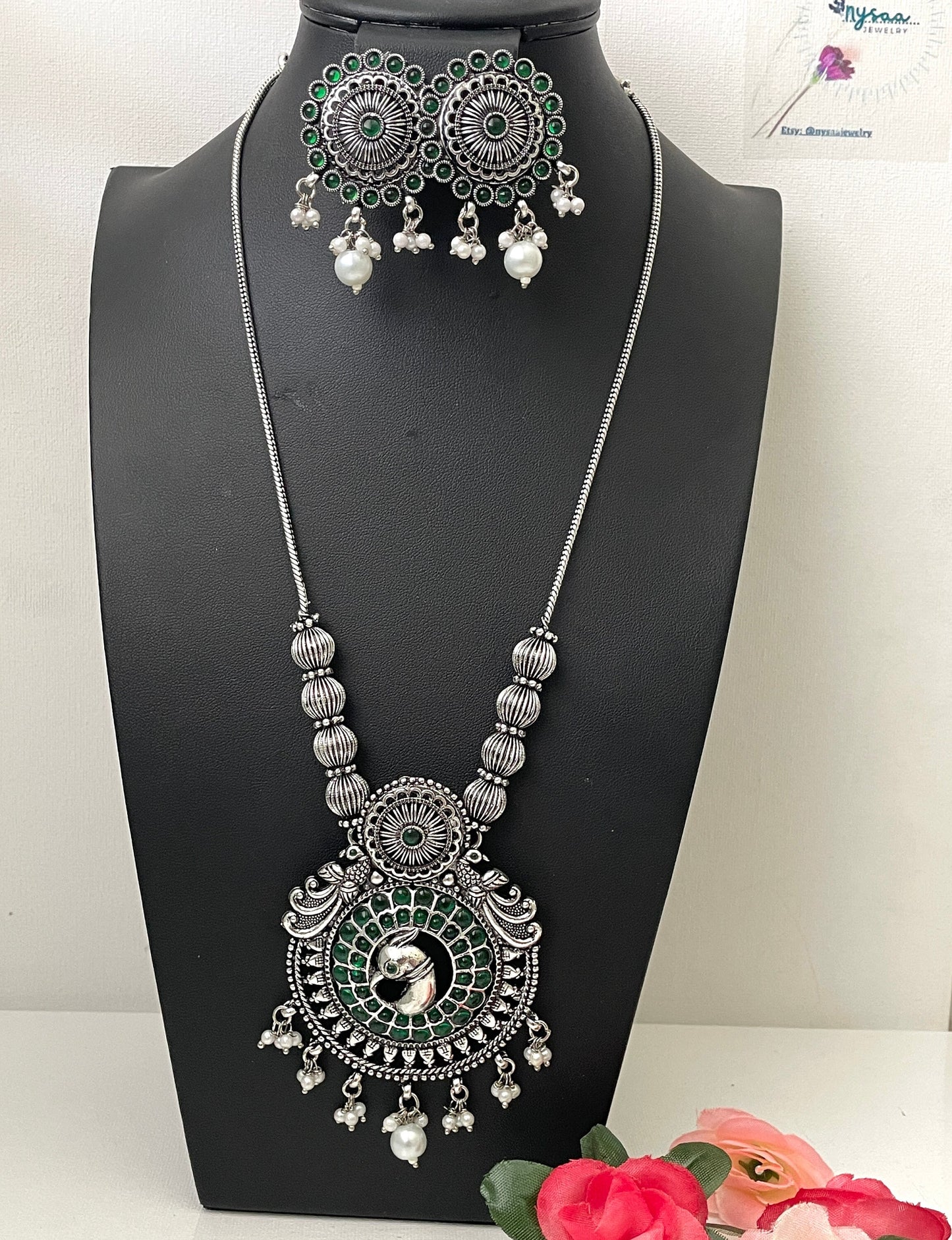 Oxidized Peacock Necklace Set: Kemp Stone Temple Jewelry