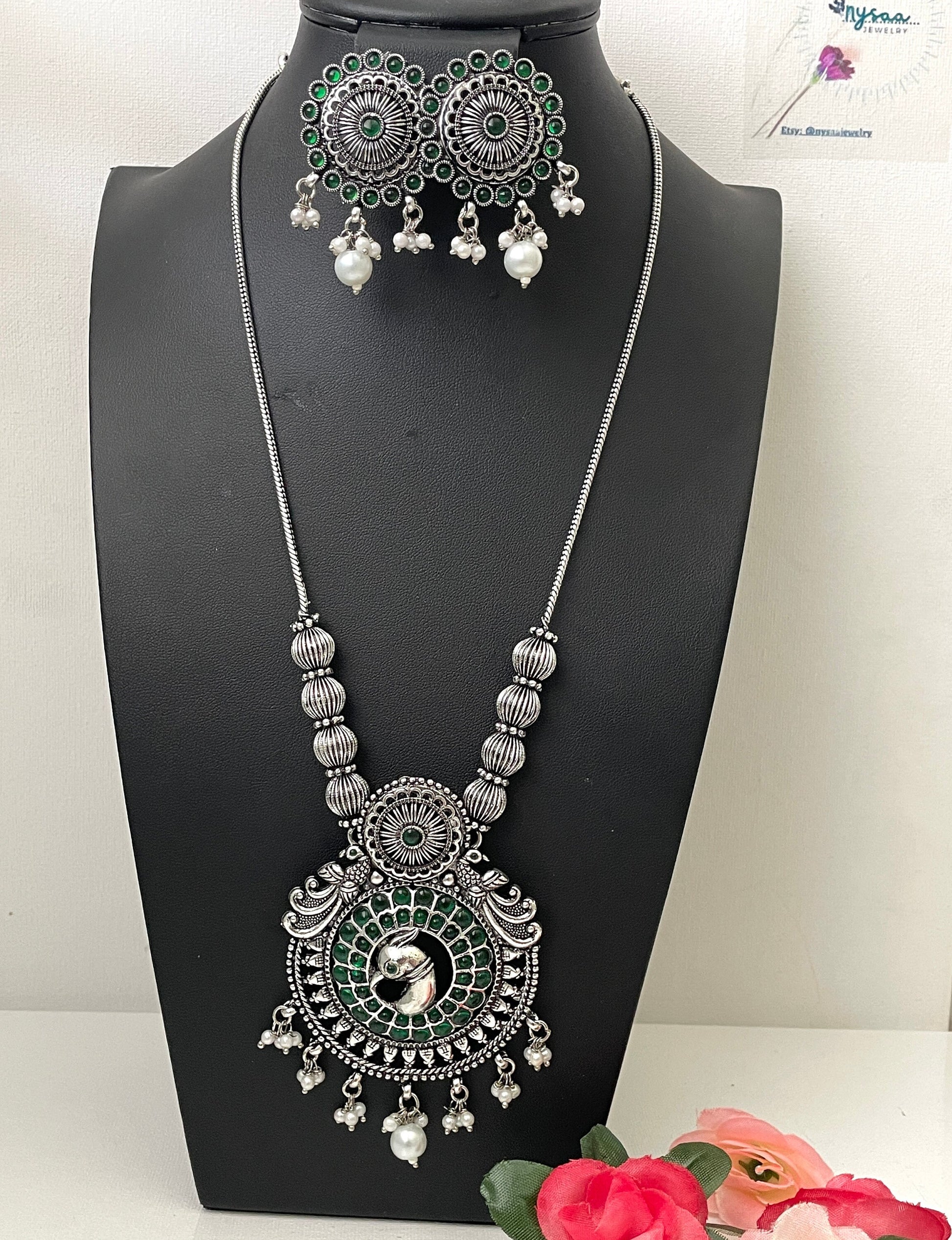 Oxidized Peacock Necklace Set: Kemp Stone Temple Jewelry