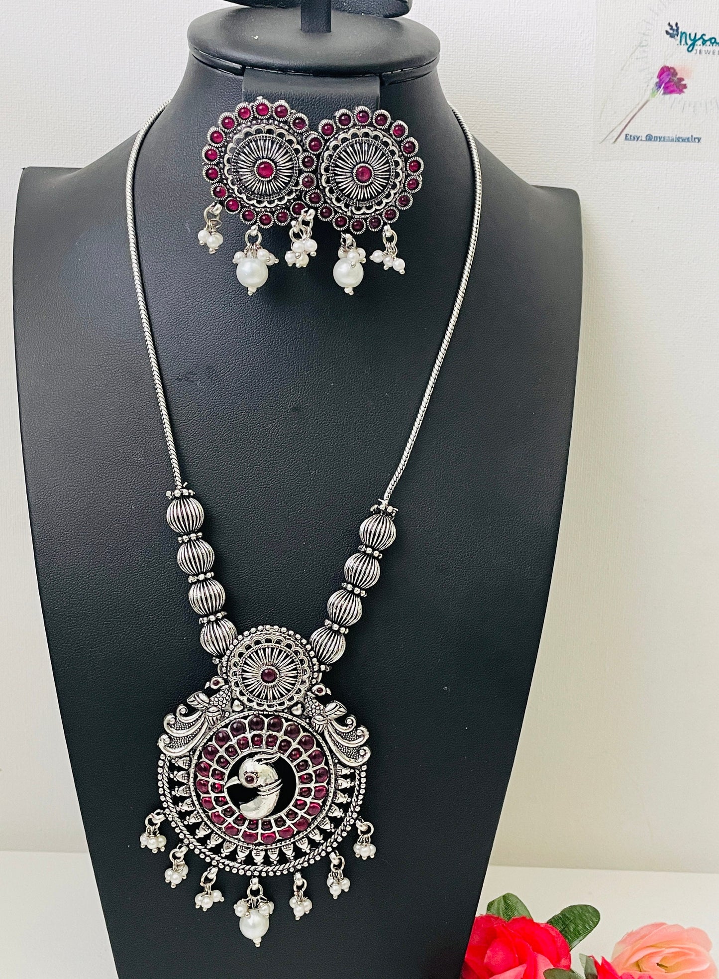 Oxidized Peacock Necklace Set: Kemp Stone Temple Jewelry