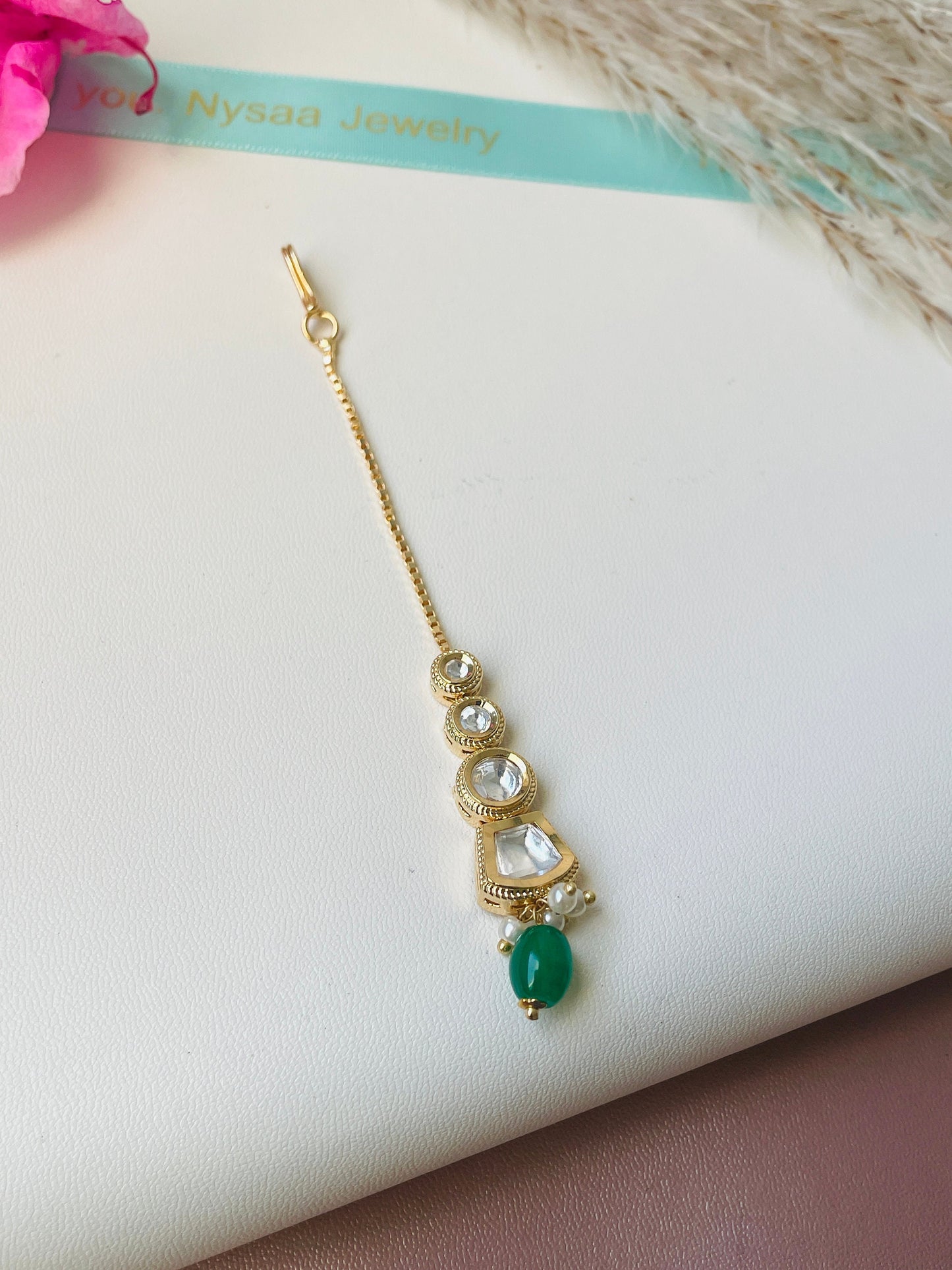 Gold Plated Kundan Maang Tika: Indian Head Jewelry